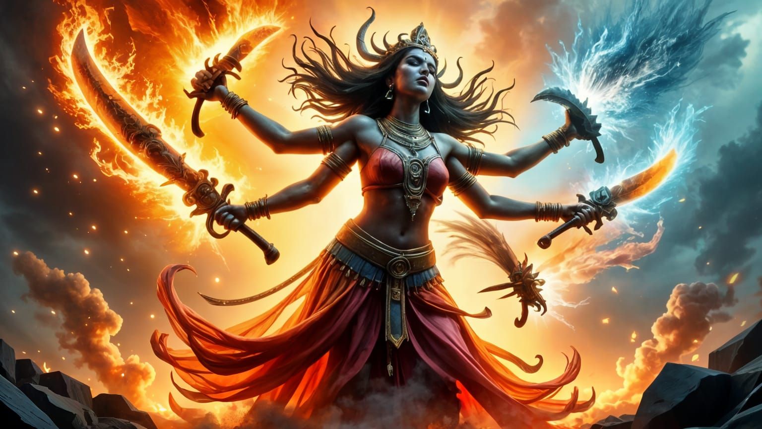 Goddess Durga Fights Demons with Elemental Swords in Hyperre...