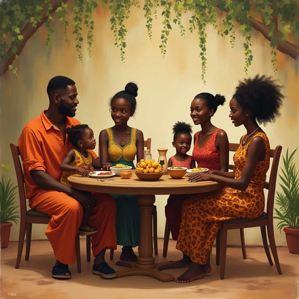 African Family at Dinner in Harmonious Impressionism Style