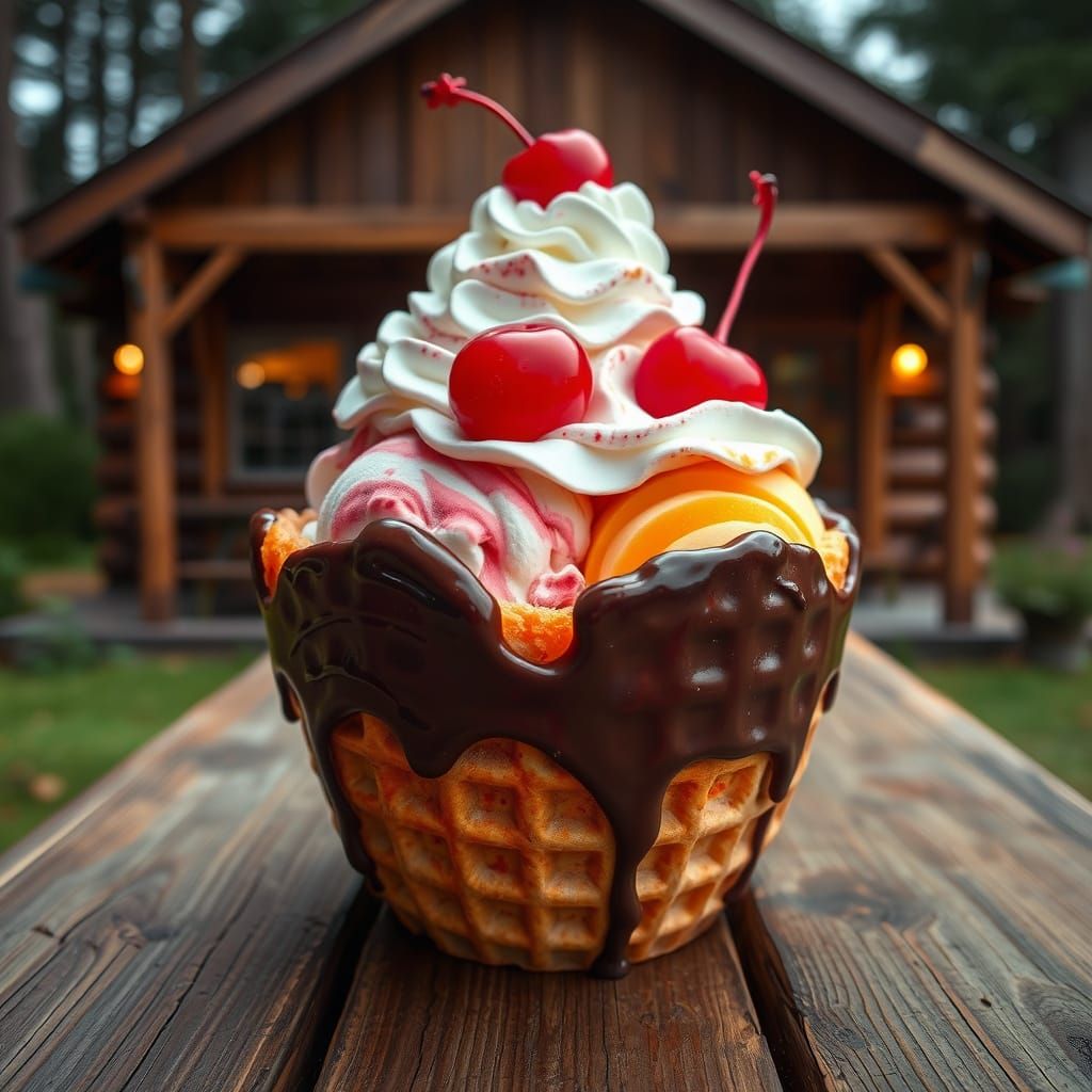 Hyperrealistic Ice Cream Sundae on Picnic Table