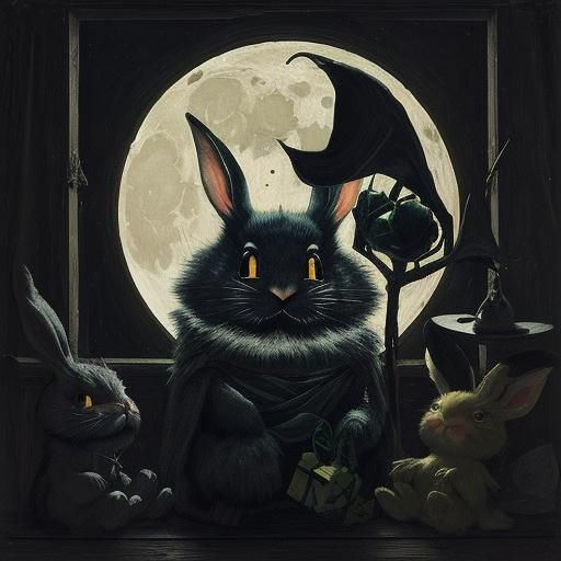 Whimsical Moonlit Scene with a Leaping Rabbit