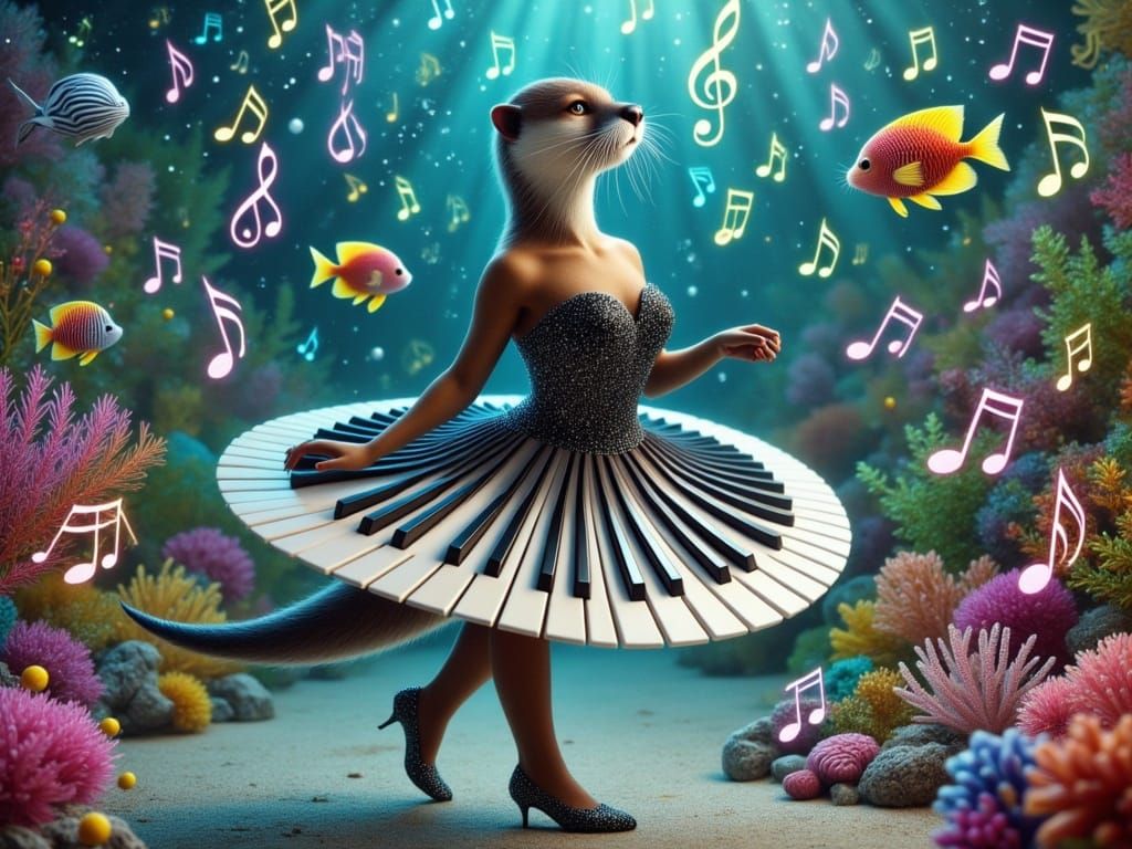 Hyper Realistic Otter Plays Piano in Enchanted Underwater Wo...