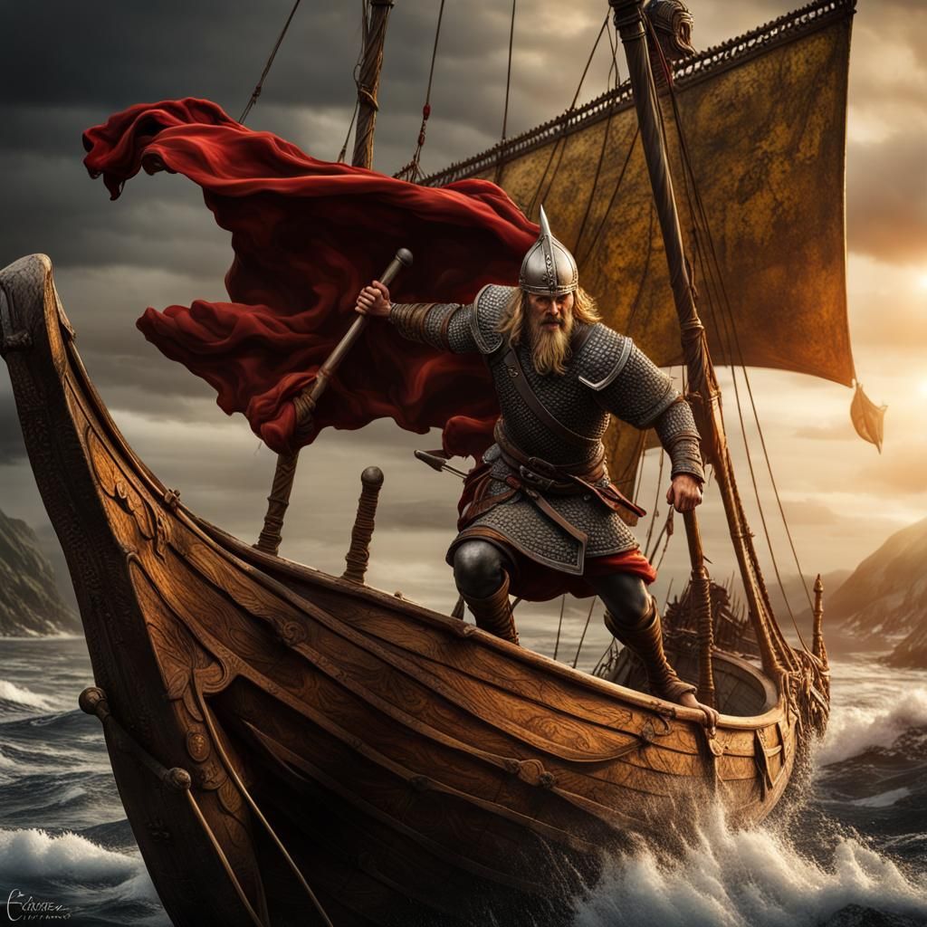 Norse Warrior Leaps from Longship in a Chiaroscuro Masterpie...