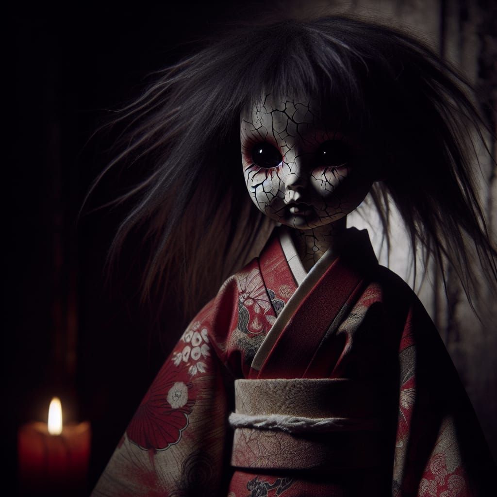 Ethereal Japanese Doll Amidst Shadows