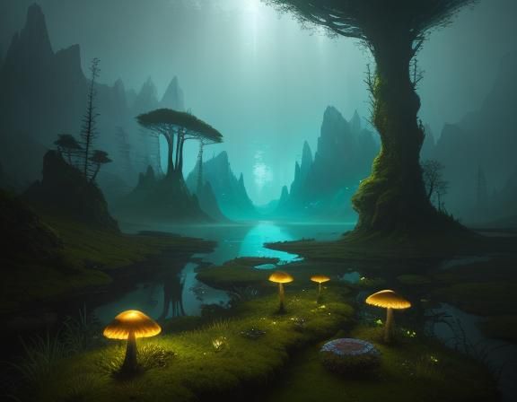 Mystical Cave of Glowing Mushrooms in a Fantasy World