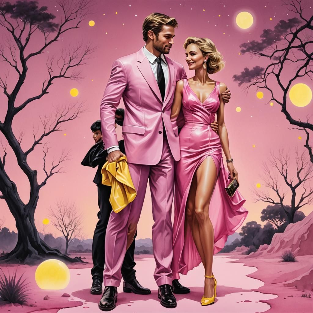 Romantic Evening Scene with Man and Wife in Whimsical Style