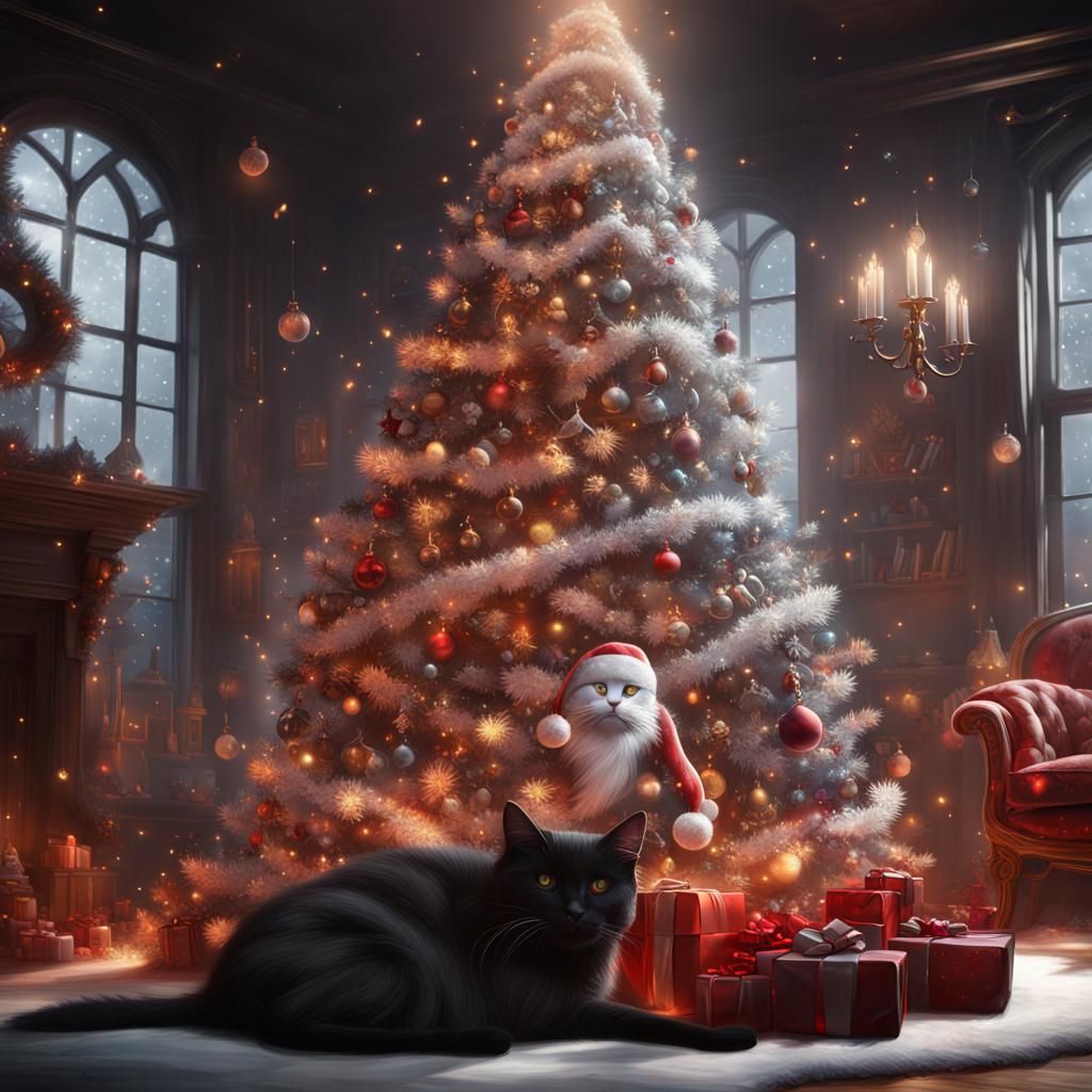 Surreal Christmas Scene with a Feline Amidst a Burning Tree