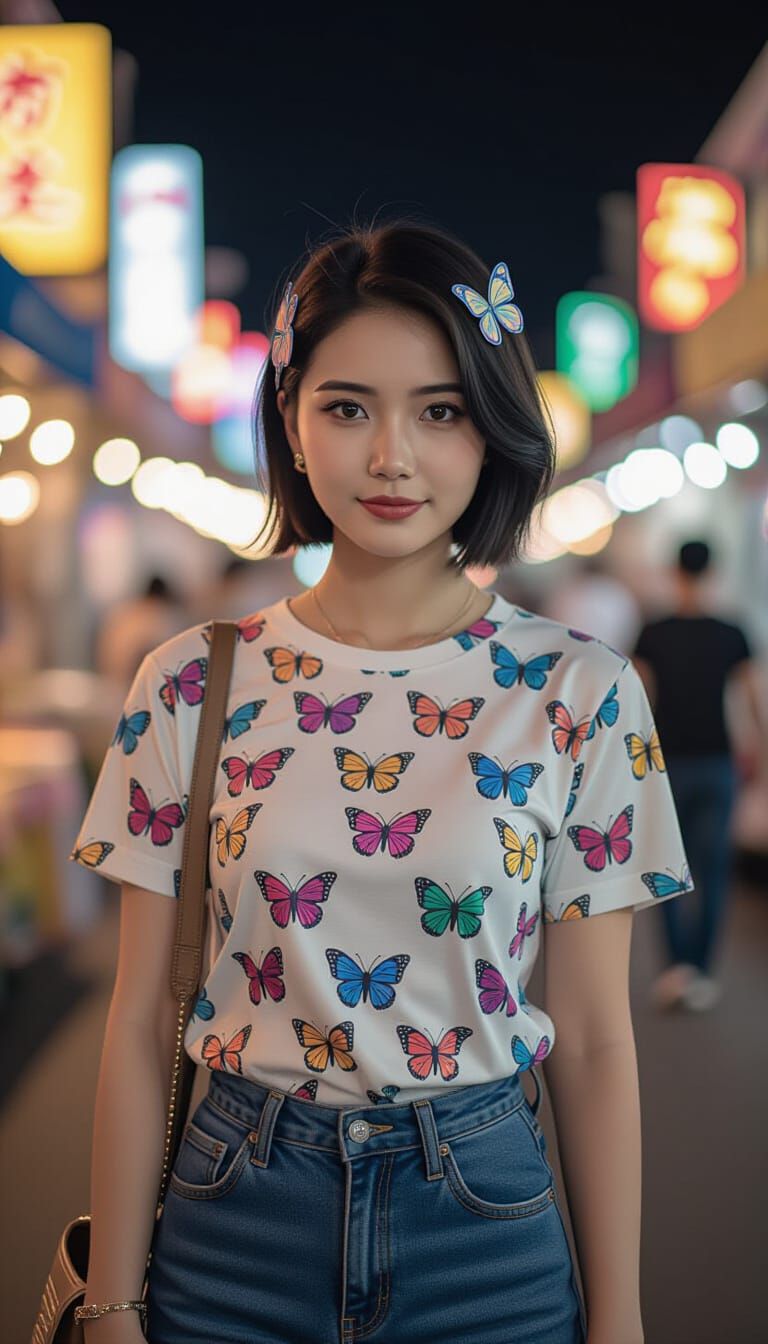 Thai Woman in Butterfly Fashion at Night Market