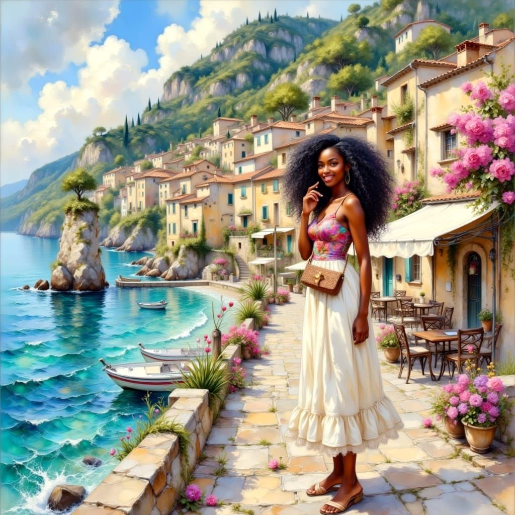 Black Woman Smiling by the Sea in Italian Town