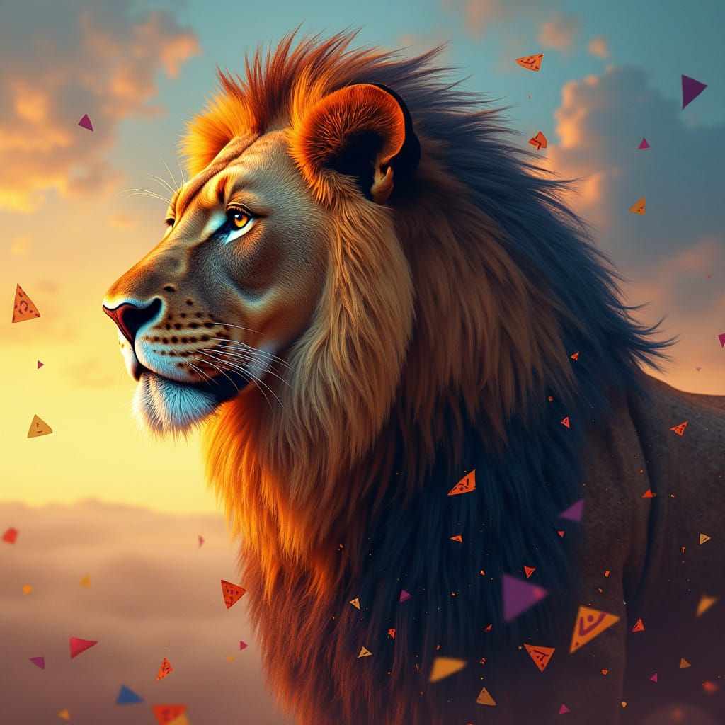Regal Lion with Triangular Patterns in Vibrant Dreamlike Atm...
