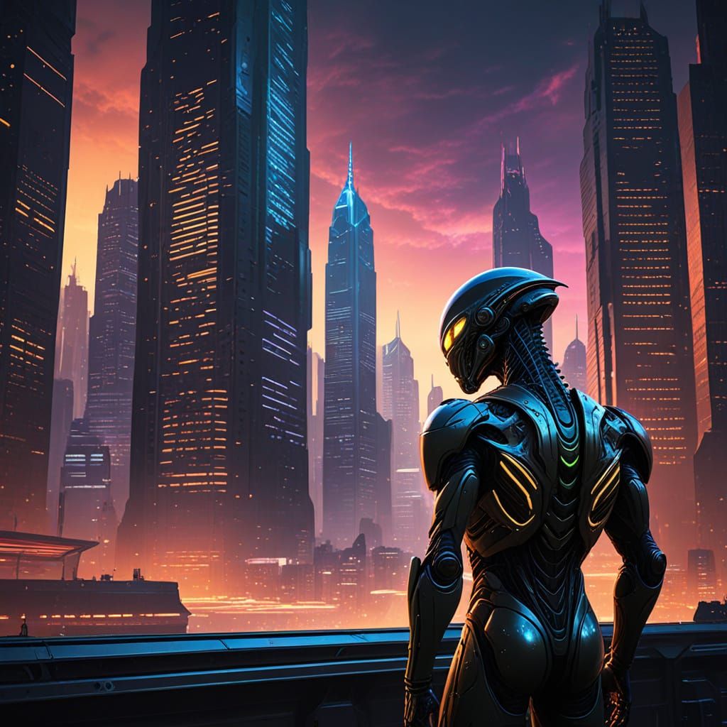 Futuristic Cityscape with Alien in Neon Glow