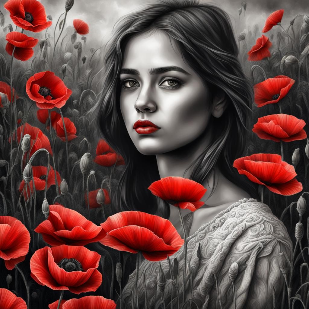 Ethereal Beauty Among Red Poppies in Hyperrealistic Style