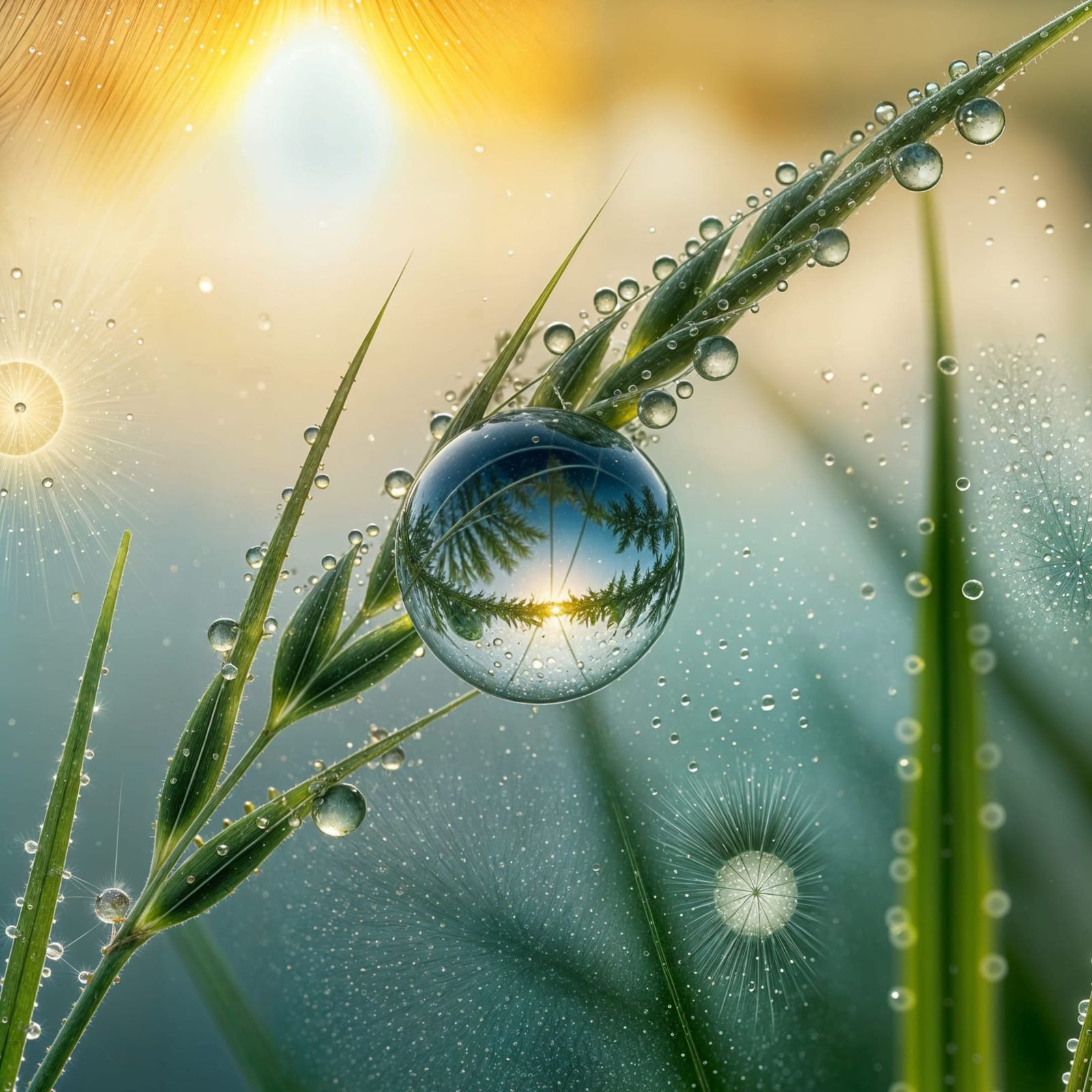 Dewdrop Reflecting Landscape in Hyperrealistic Style