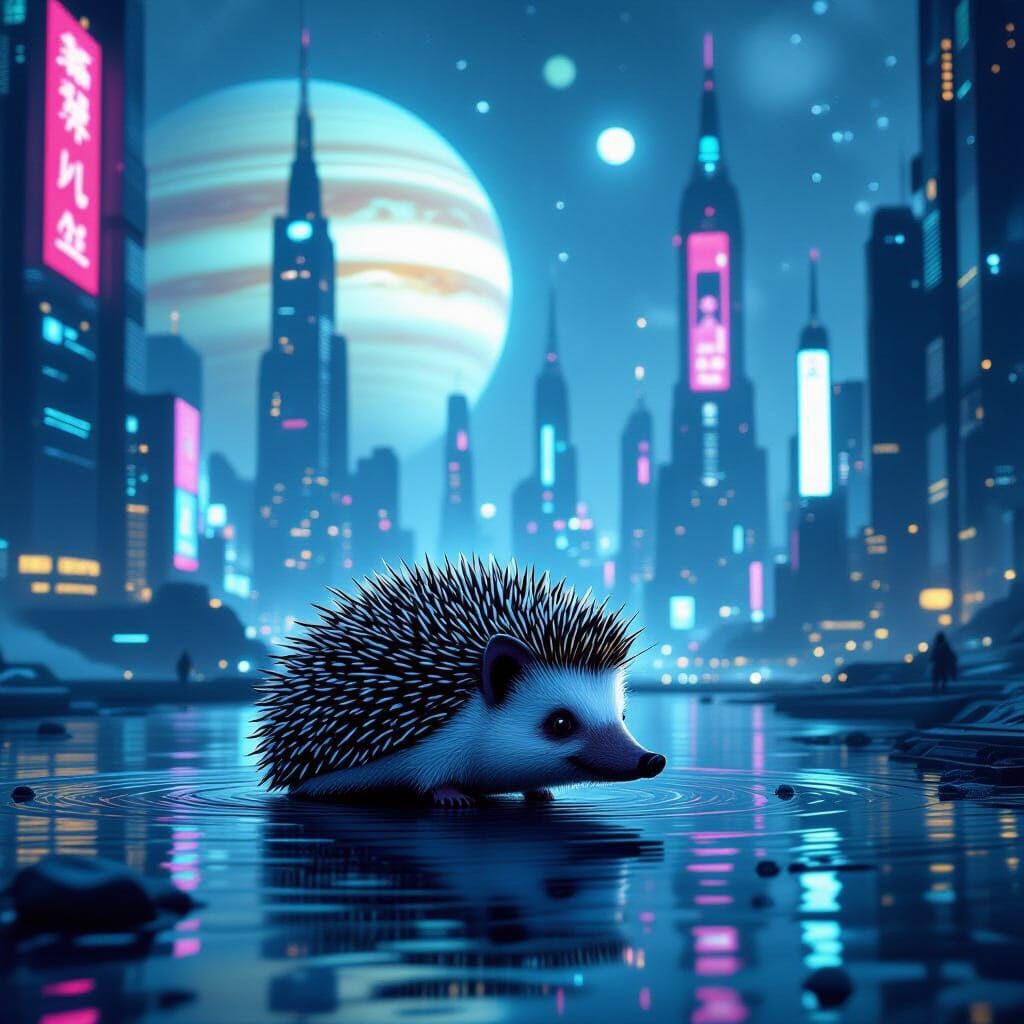 Cyberpunk Bioluminescent Hedgehog on Europa Cityscape