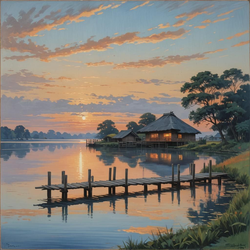 Serenity at Sunset: A Tranquil Riverscape in Vibrant Hues