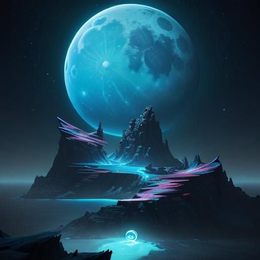 Surreal Fluorescent Blue Planet Rises over Ice Moon Triton