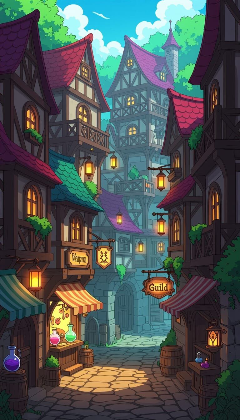 Vibrant Anime RPG Town in Steampunk Style