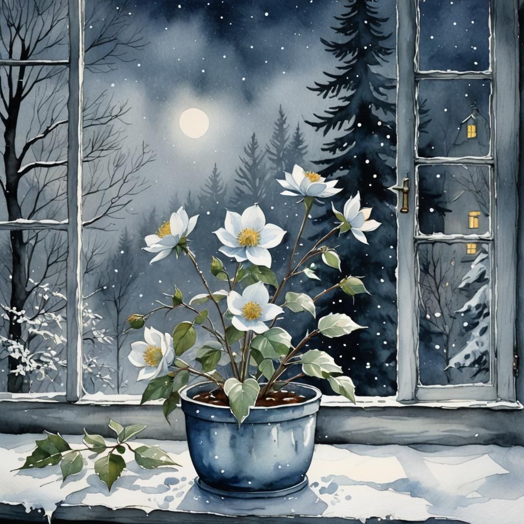 Christmas Rose in Winter Watercolor