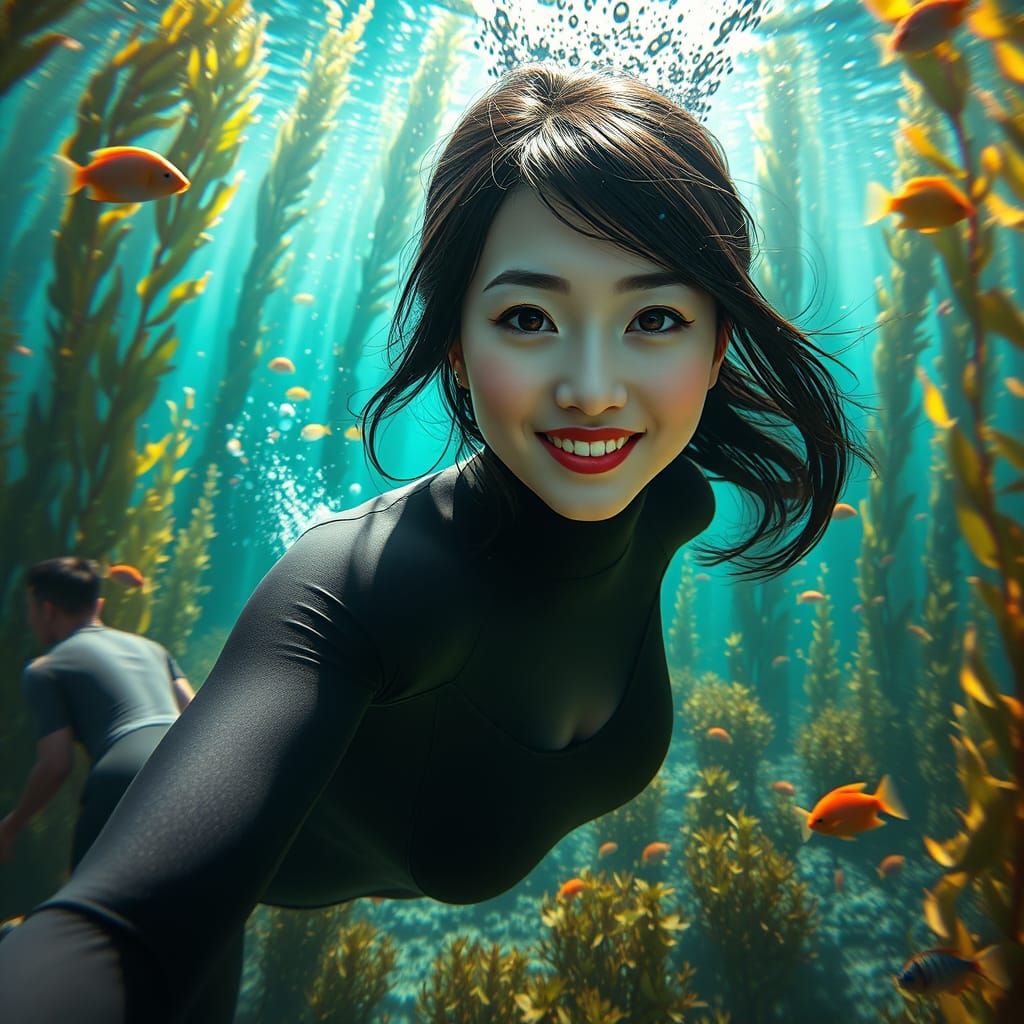 Photorealistic Japanese Mermaid in an Underwater Paradise