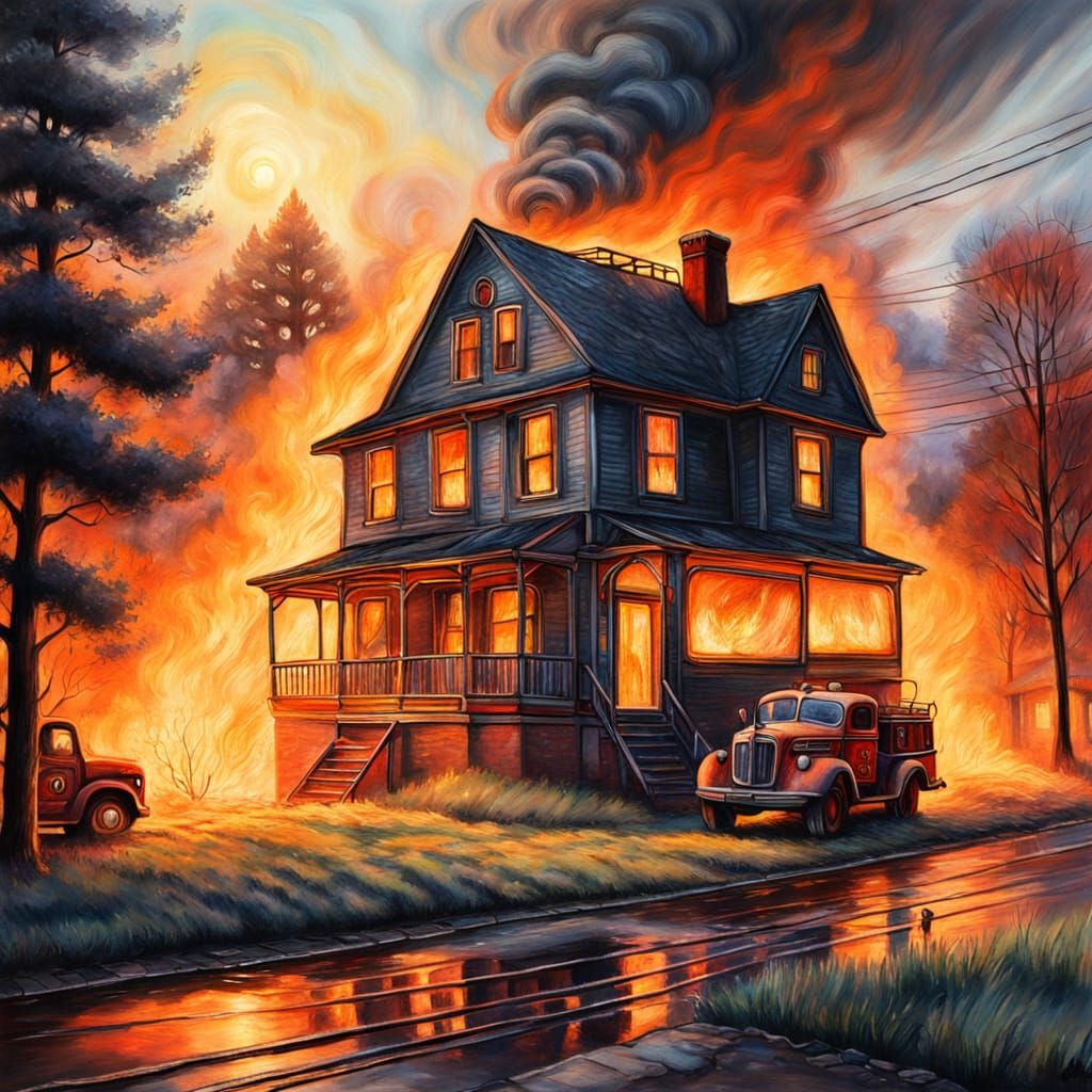 Burning House and Fire Truck in Gouache Style