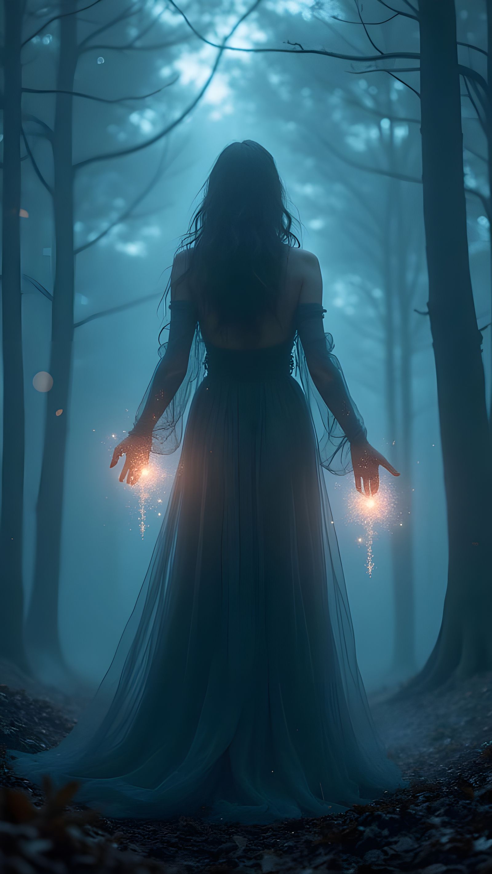 Magical Woman in Twilight Forest with Stardust Orbs