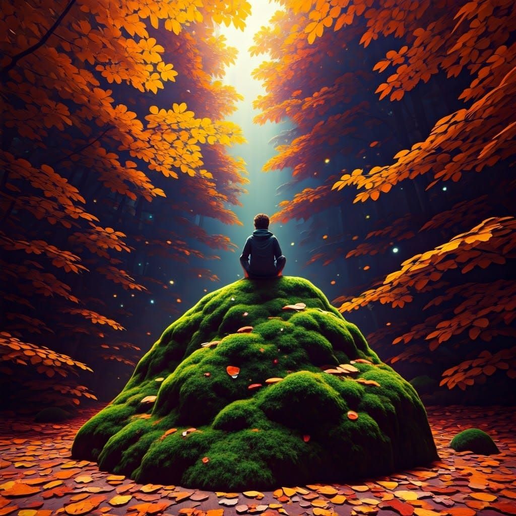 Mystical Figure in Autumnal Wonderland with Noctilucent Glow