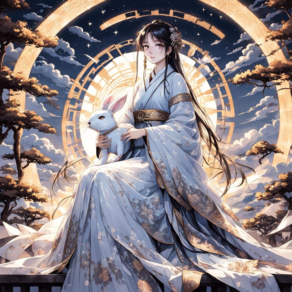 Chang'e, Moon Goddess, in Sadness and White Gown