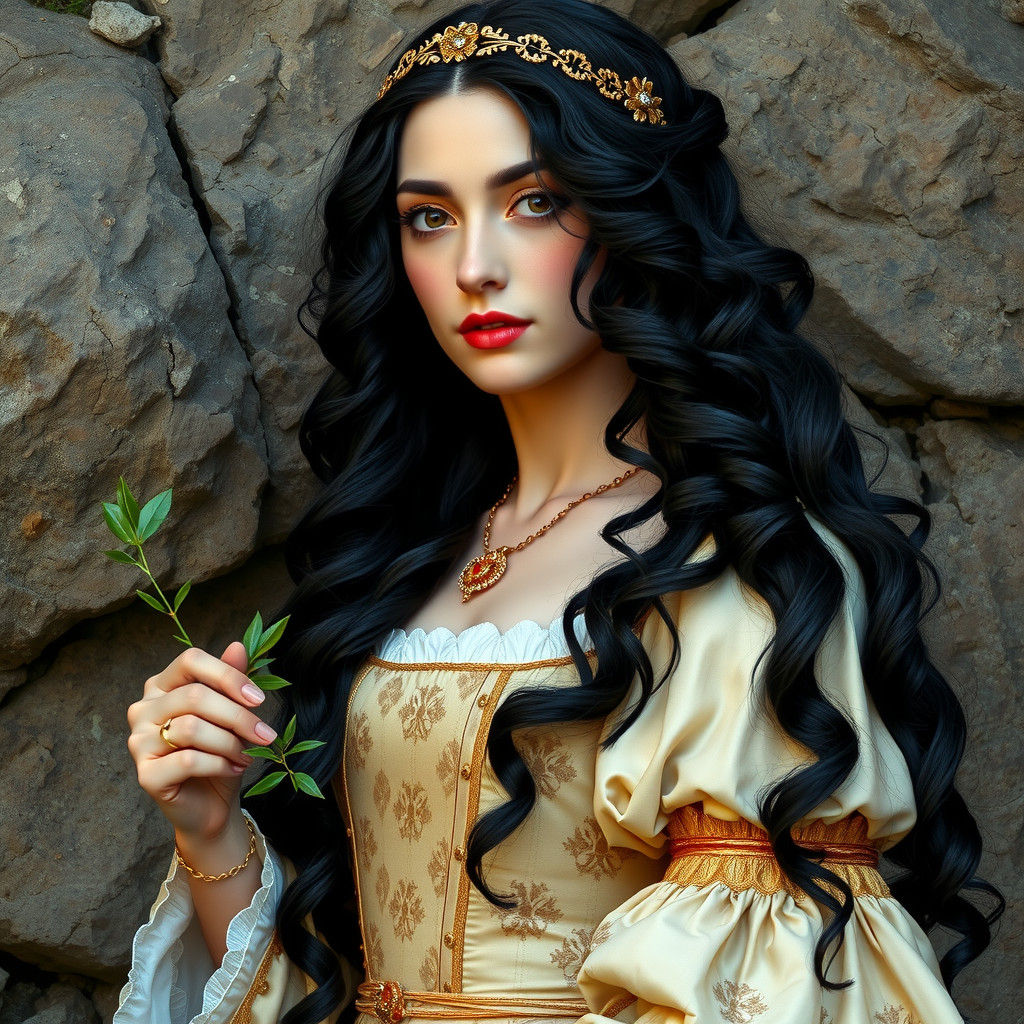 Elegant Lady in Renaissance Attire with Raven-Haired Beauty