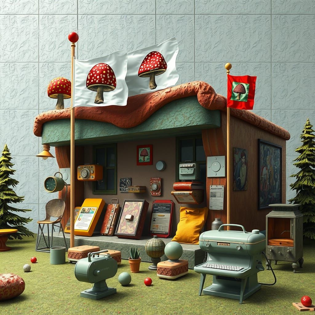 Brutalist Gum Cabin with Mushroom Flags in Eerie, Dreamlike ...