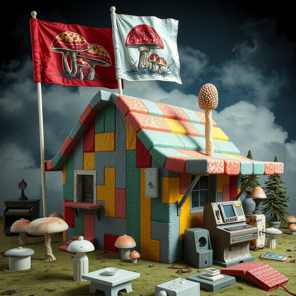 Vibrant Chewing Gum Brutalist Cabin in Eerie Surrealist Styl...