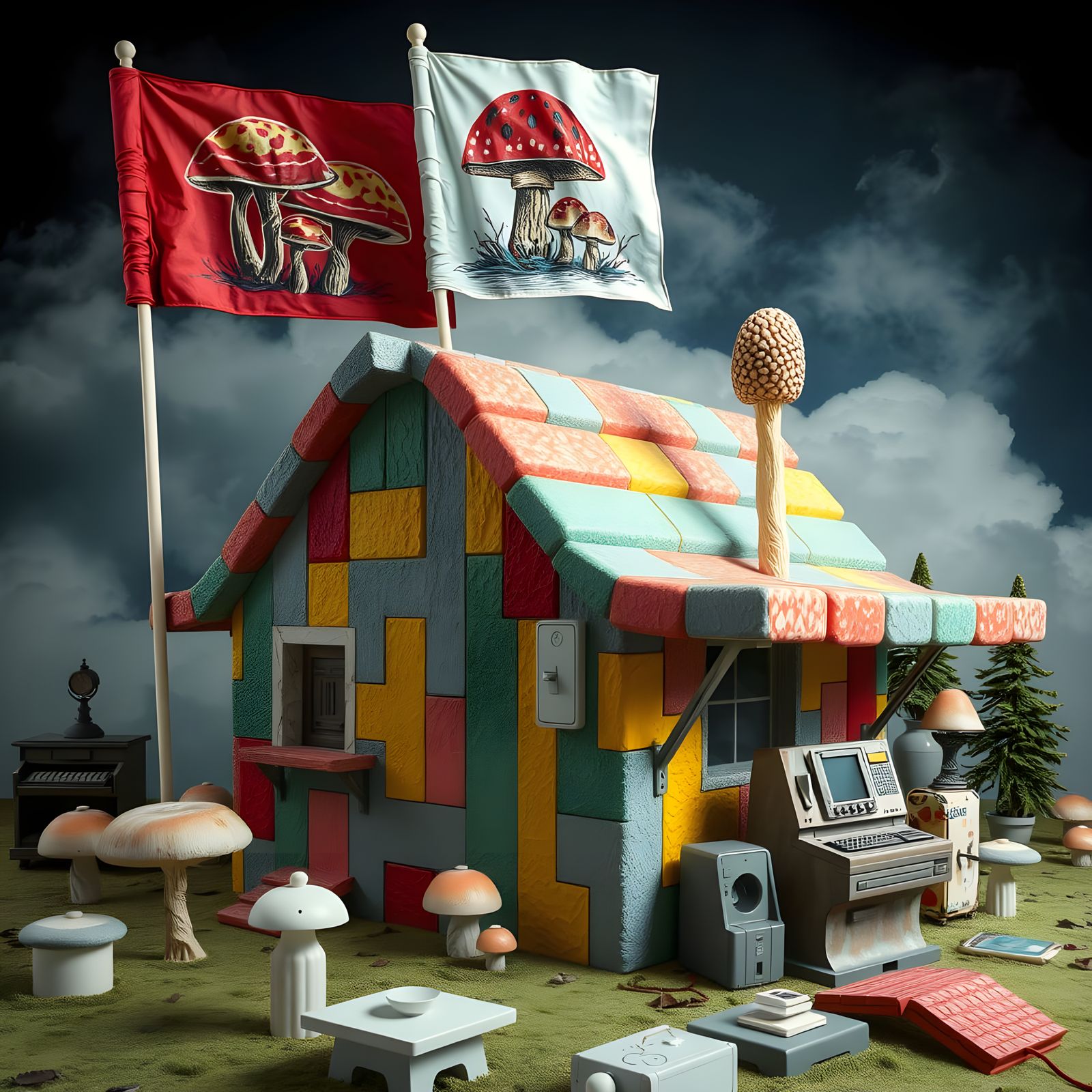 Vibrant Chewing Gum Brutalist Cabin in Eerie Surrealist Styl...