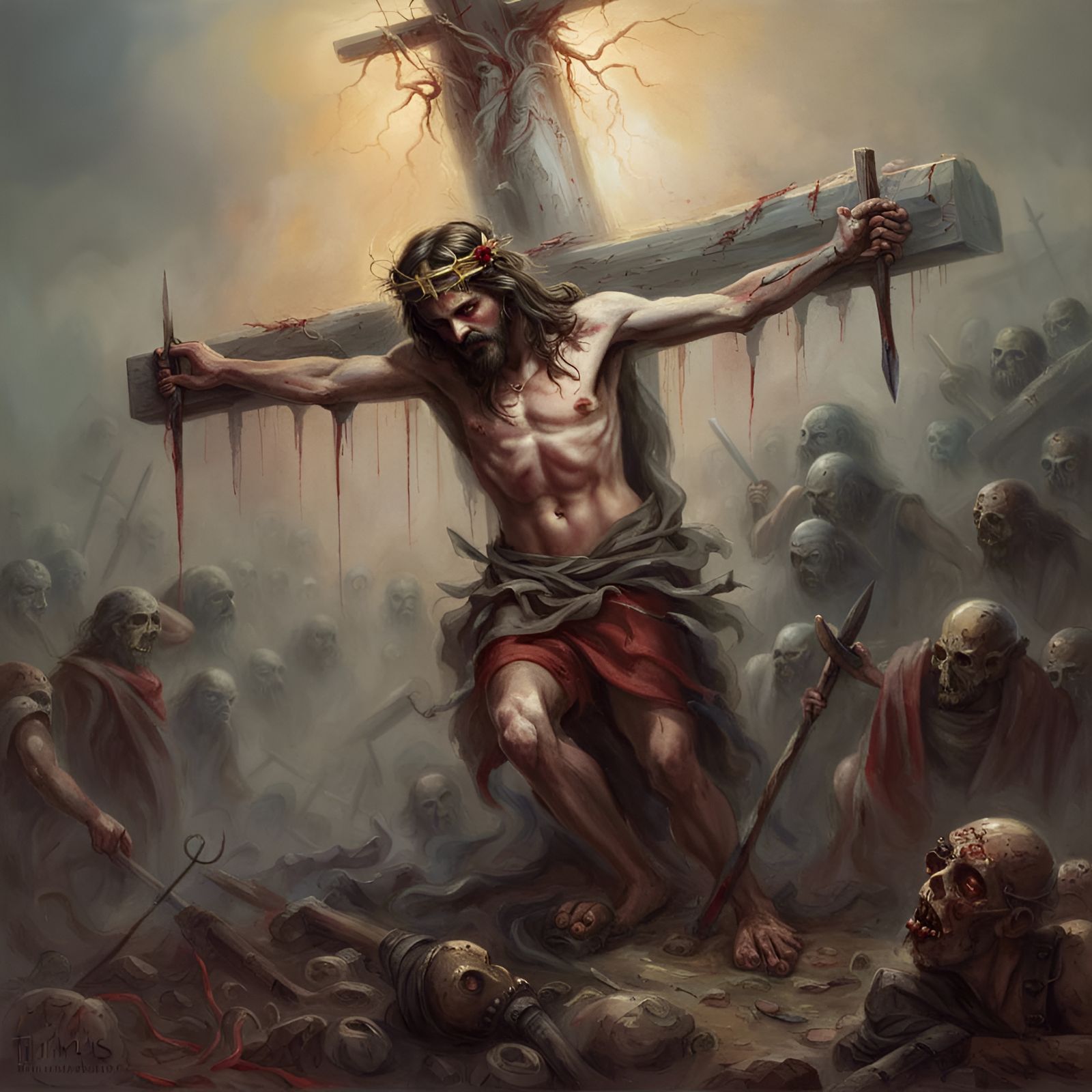 Demon Jesus Christ Tortured by Rotting Zombies in Hell