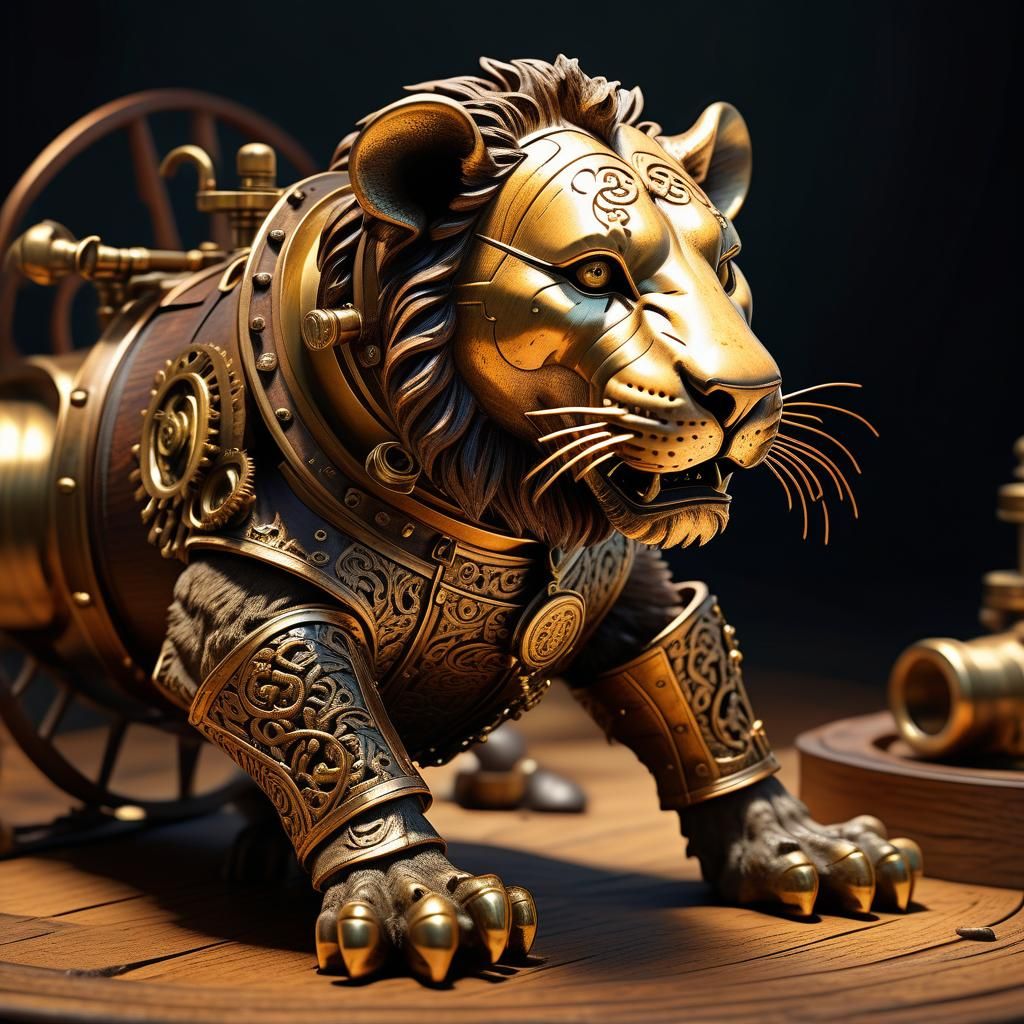 Steampunk Lion Prepares to Pounce on Mouse in Intricate Gear...