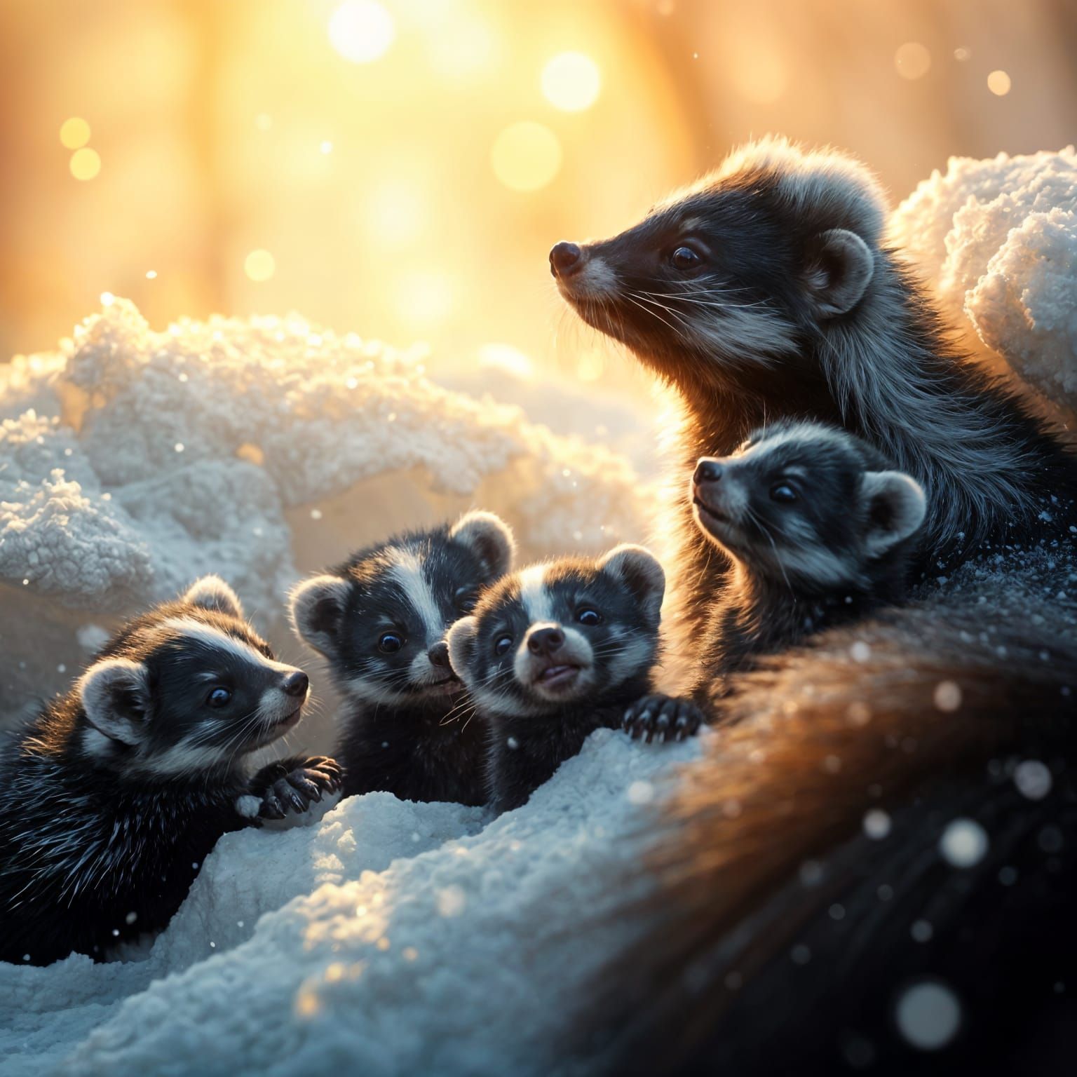 Winter Wonderland Skunk Family Portrait in Golden Hour