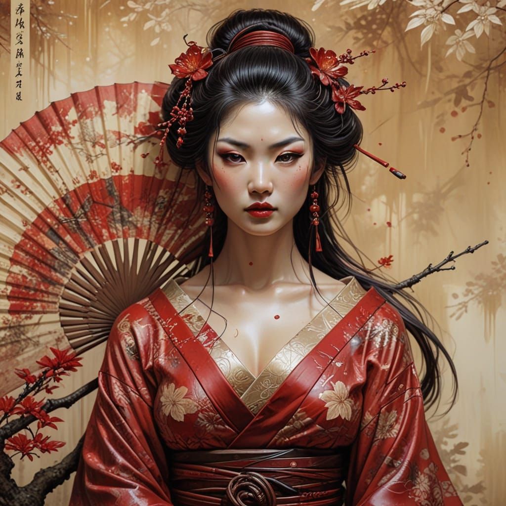 Encaustic Geisha Portrait with Silk Robes and Fan