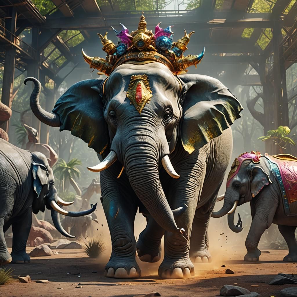 Cyberpunk-Inspired Rhino-Elephant Hybrid Battles Humans in a...