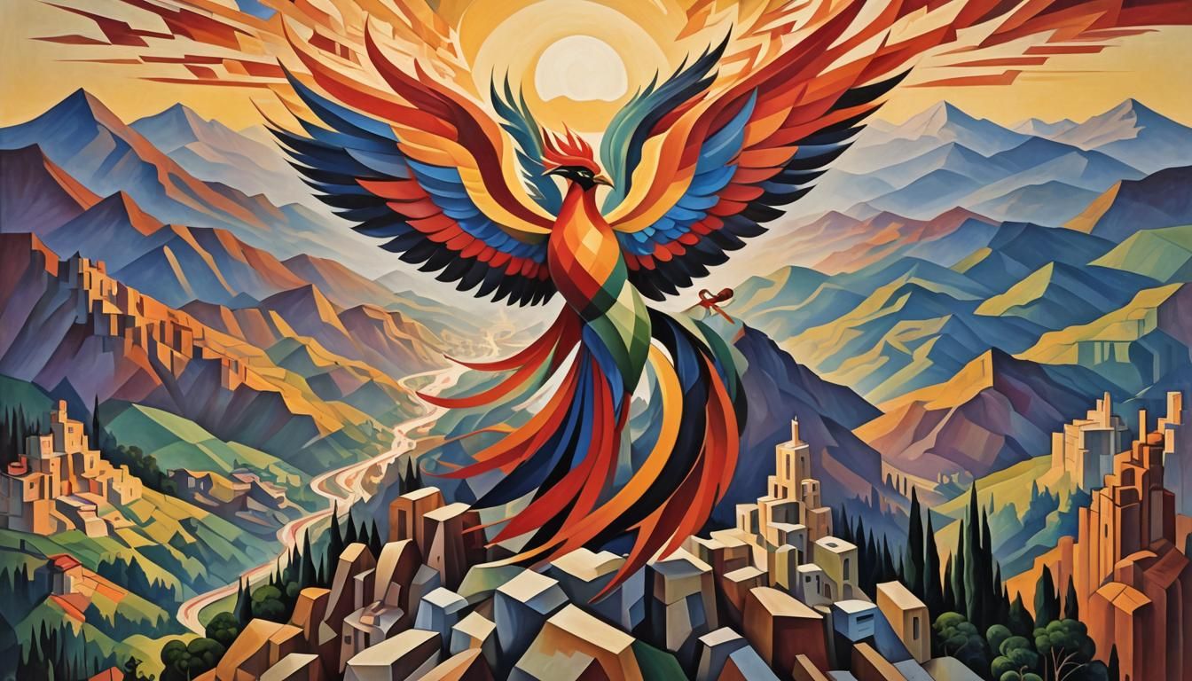 Abstract Cubist Phoenix Rising from Ashes