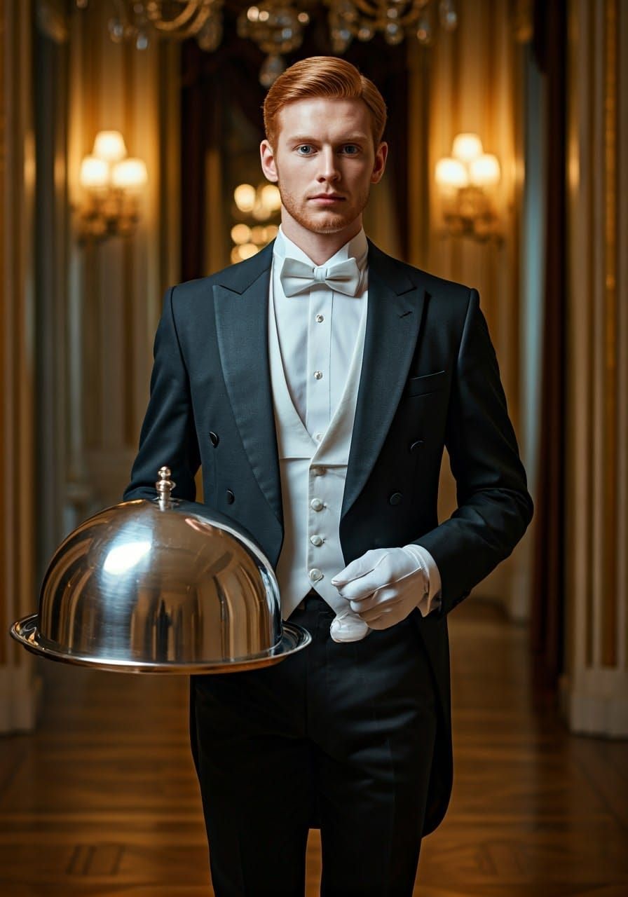 Handsome Butler in Rococo Mansion, Photorealistic Portrait