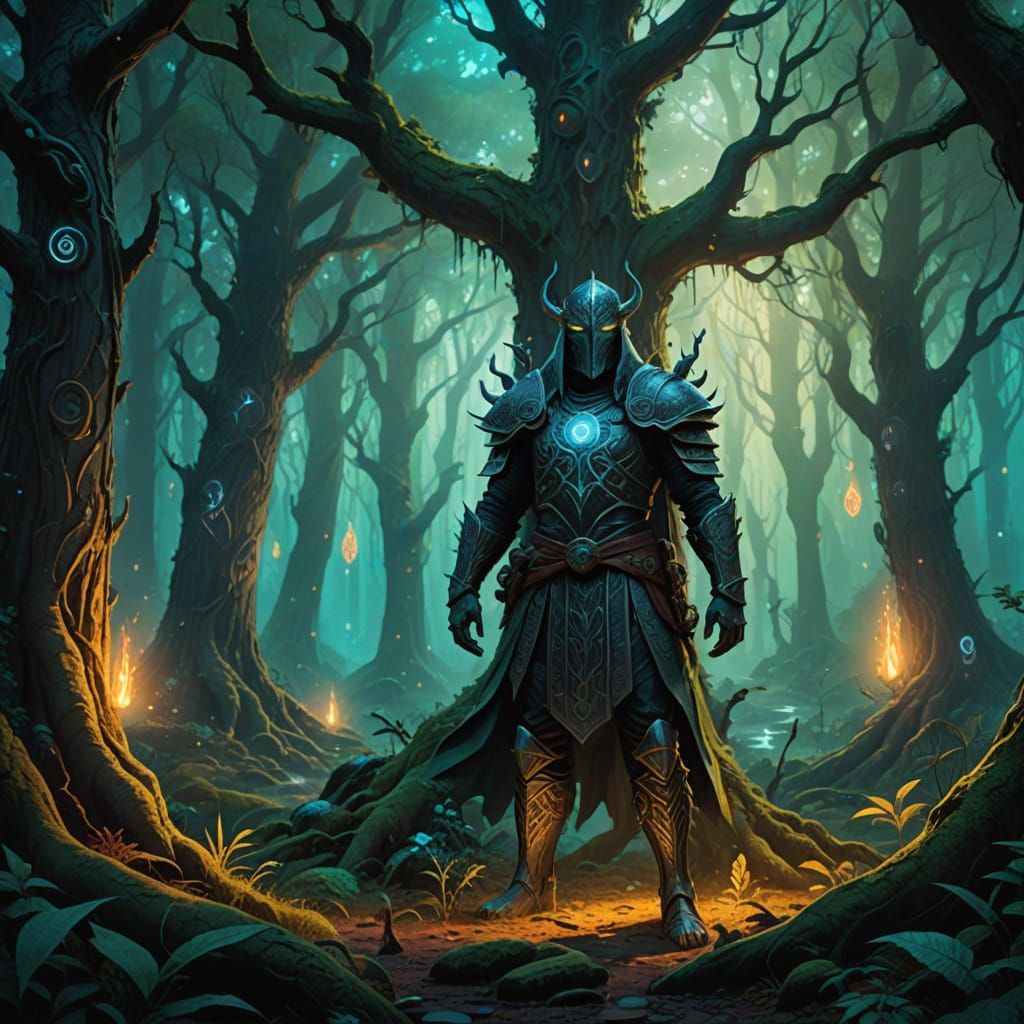 Mystical Forest Scene with Glowing Runes