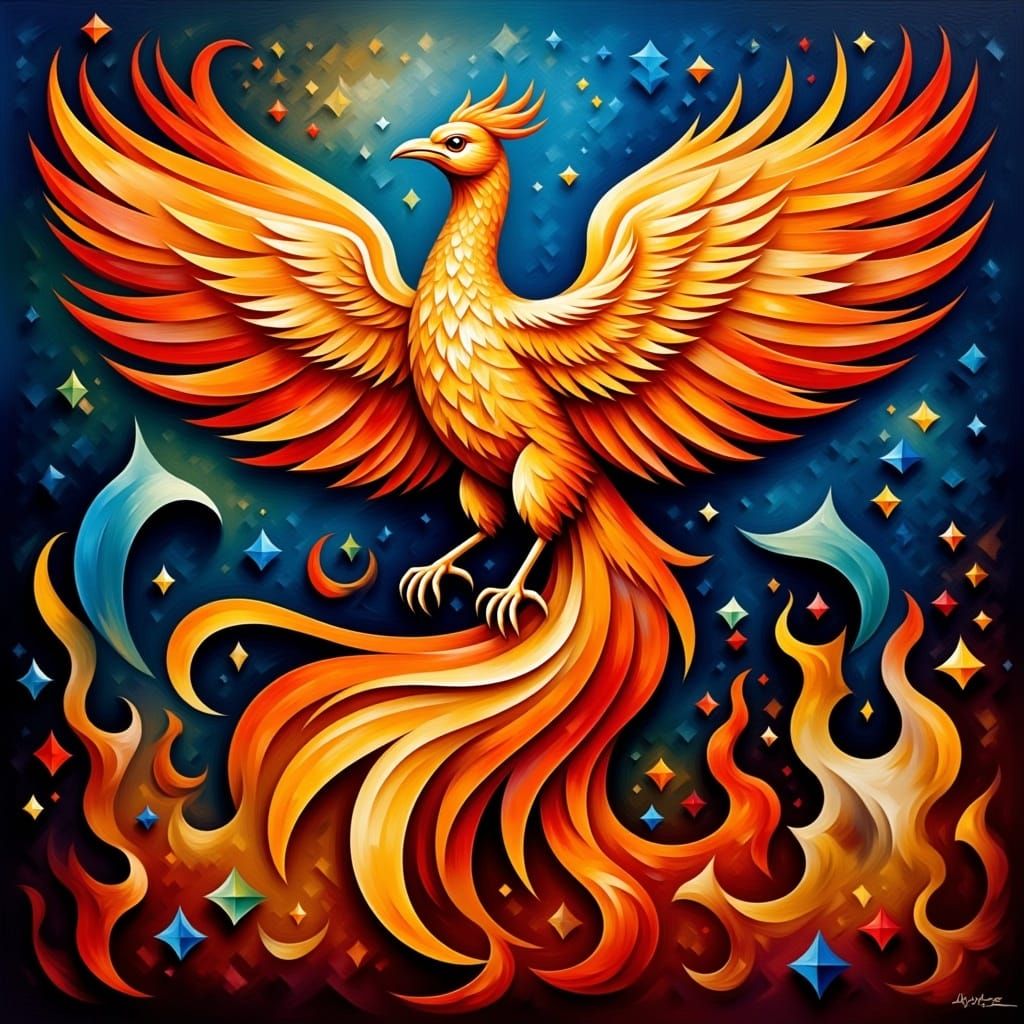 Cubist Phoenix Emerging from Flames