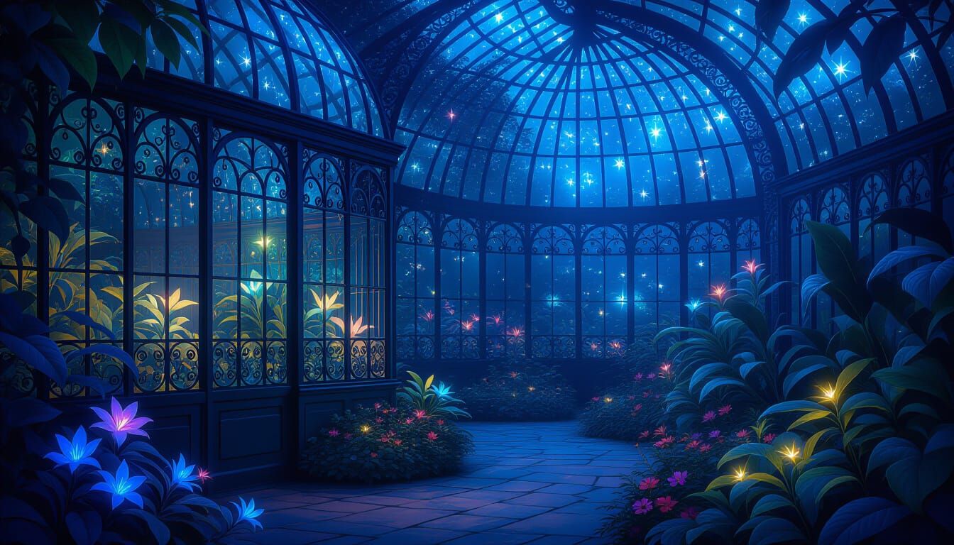 Victorian Greenhouse with Bioluminescent Plants