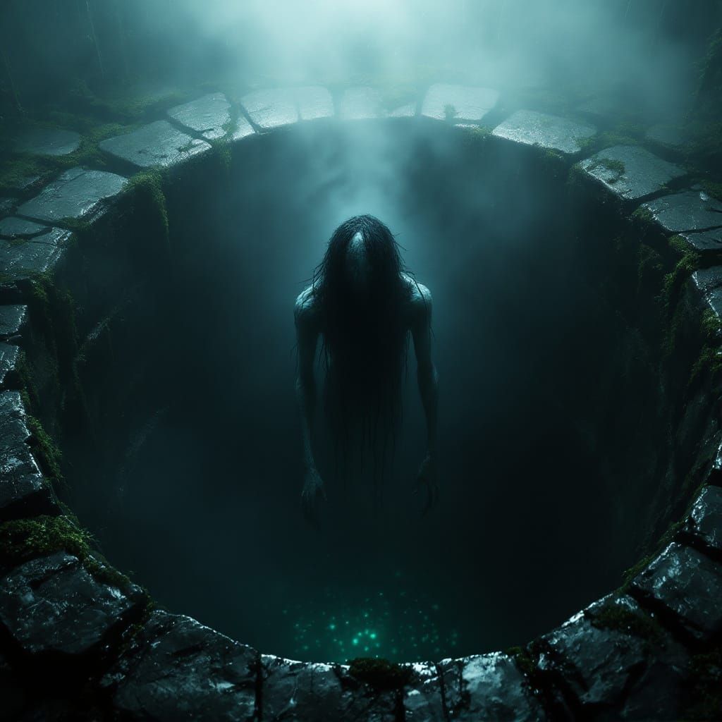 Horror Well Illustration: Ghostly Figure Emerges From Black ...