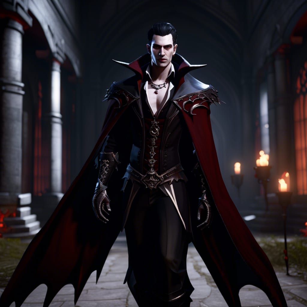 Majestic Vampire Lord Strolls in Gothic Coven Courtyard