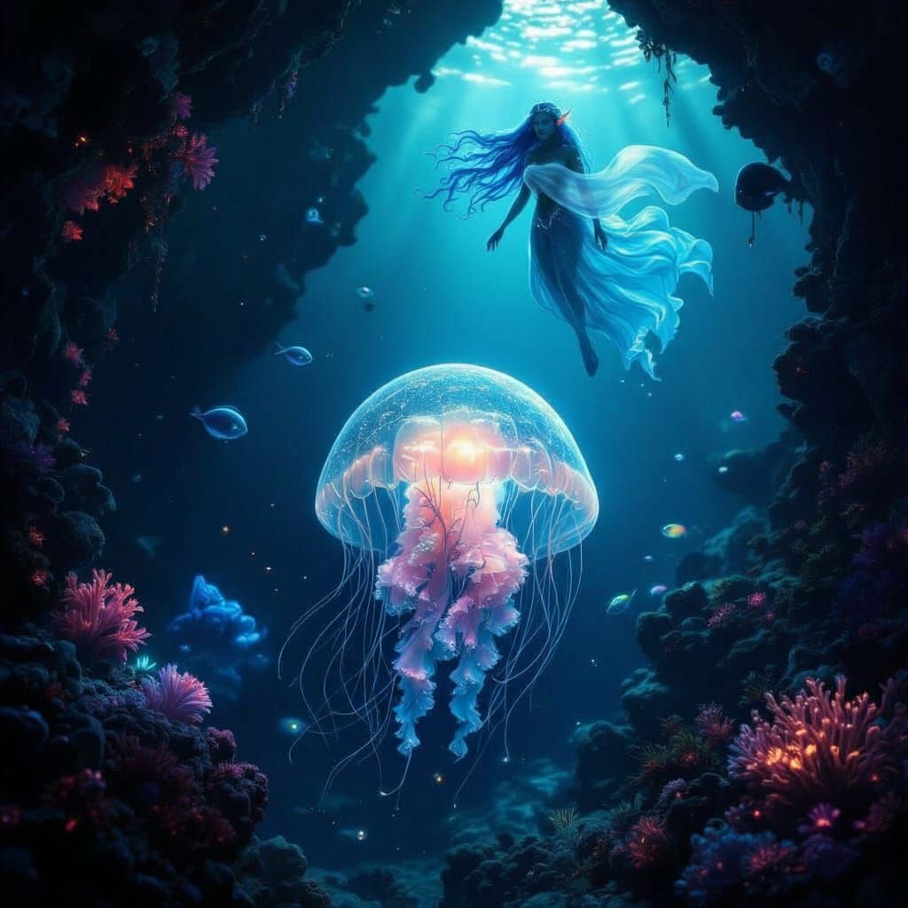 Bioluminescent Jellyfish Guarded by Sea Elf at Stone Arch