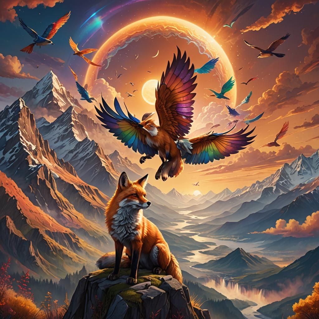 Ethereal Fox Takes Flight Amidst Sunset Peaks