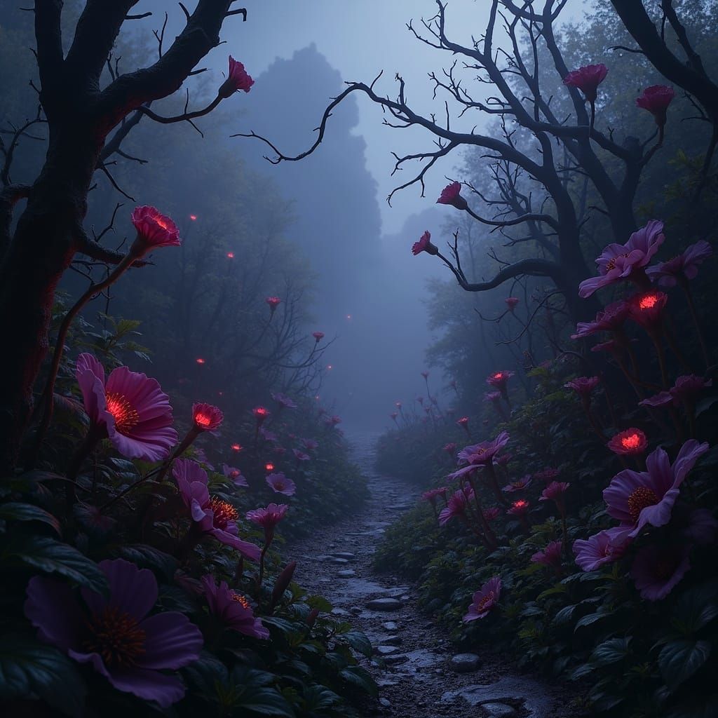 Nightmarish Garden of Evil with Glowing Eyes