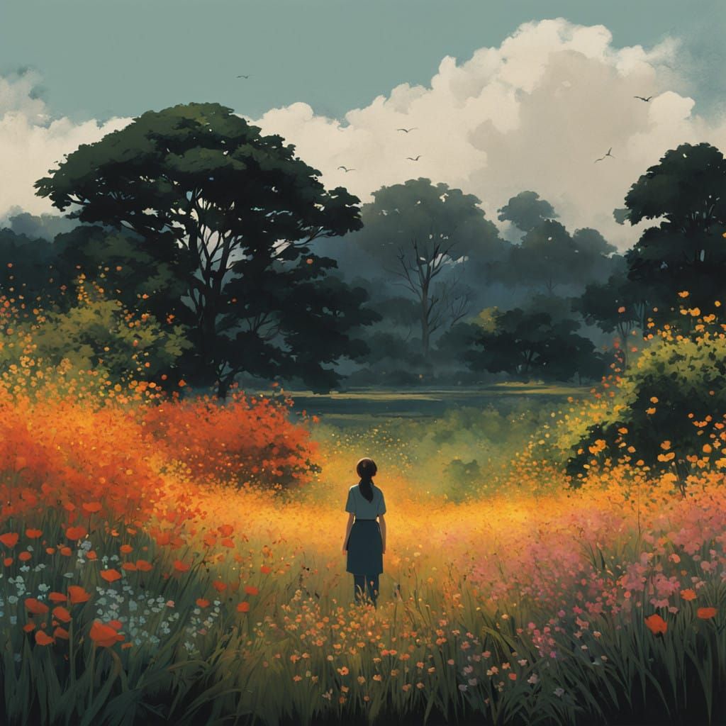 Woman in Serene Misty Garden with Flickering Flame