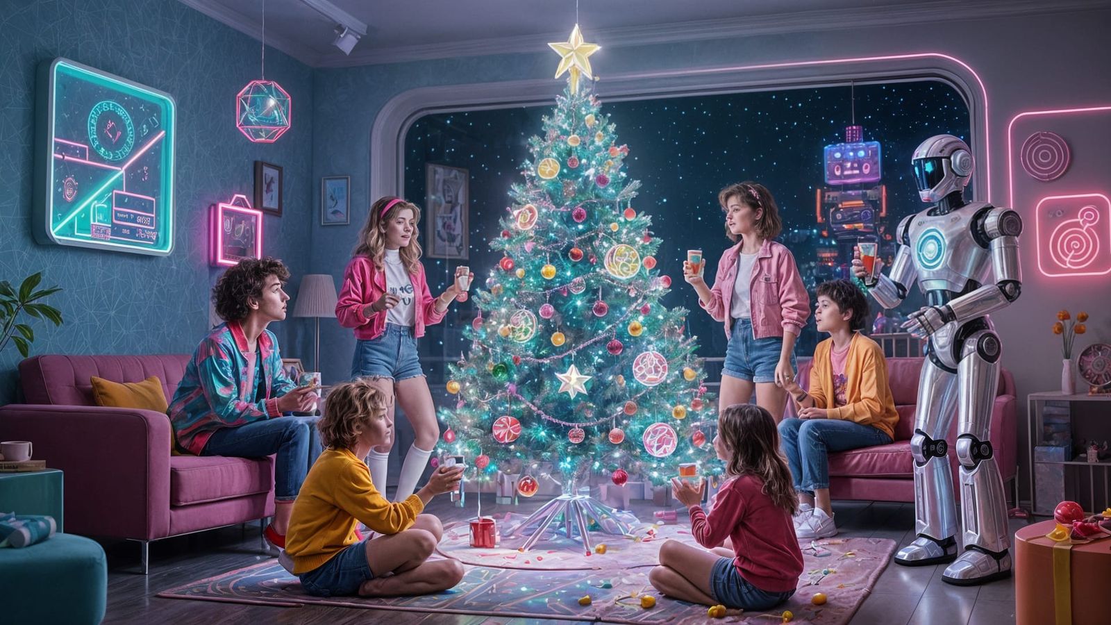 A family gathered around a holographic Christmas tree in a retro-futuristic living room.