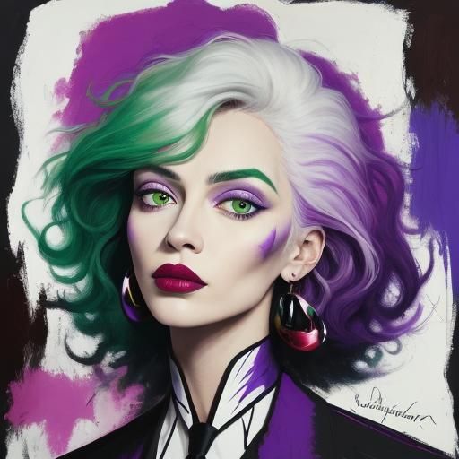 Woman in Vibrant Abstract Expressionism with Purple Backgrou...