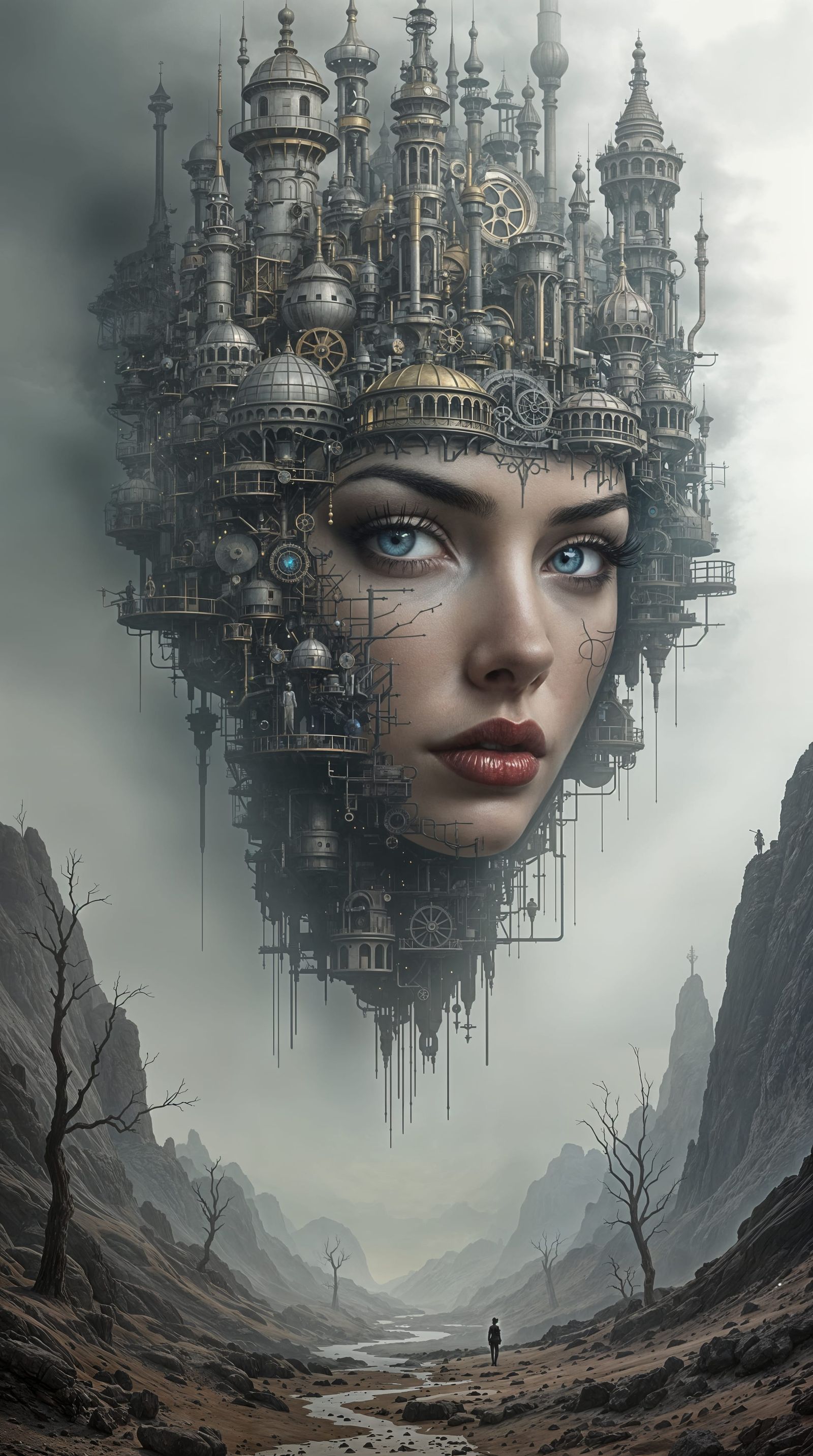 Steampunk Goddess Emerges from Desolate Landscape