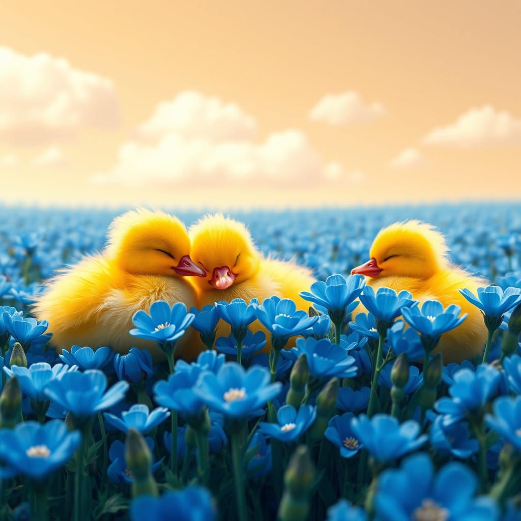 Surreal Landscape with Sleeping Yellow Ducks in Blue Cornflo...